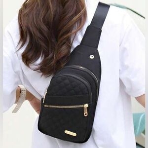 Black Quilted Sling Bag with Gold Accents